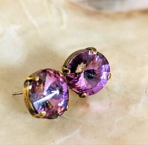 Large Pink Metallic Shimmering  Swarovski Crystal Stud Earrings In Brass